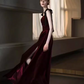 Robes de bal longues en velours bordeaux simples, ligne A, C116