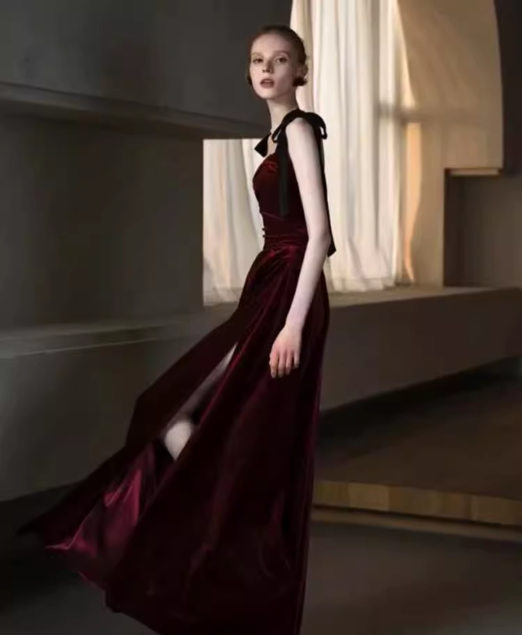 Robes de bal longues en velours bordeaux simples, ligne A, C116