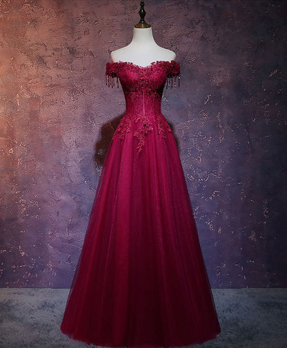 Robe de soirée vintage en tulle bordeaux à épaules dénudées et ligne A C1171