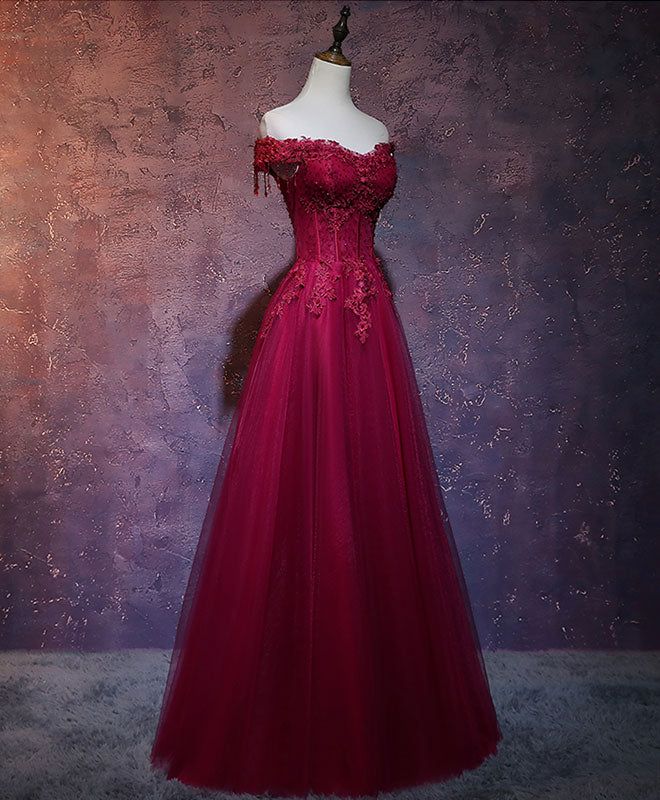 Robe de soirée vintage en tulle bordeaux à épaules dénudées et ligne A C1171