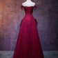 Robe de soirée vintage en tulle bordeaux à épaules dénudées et ligne A C1171