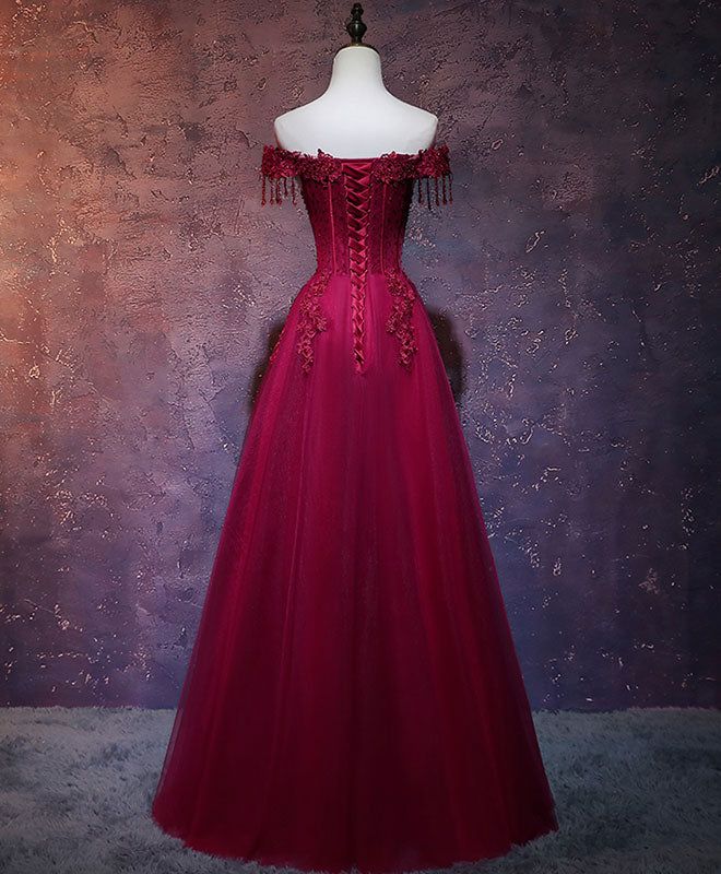 Robe de soirée vintage en tulle bordeaux à épaules dénudées et ligne A C1171