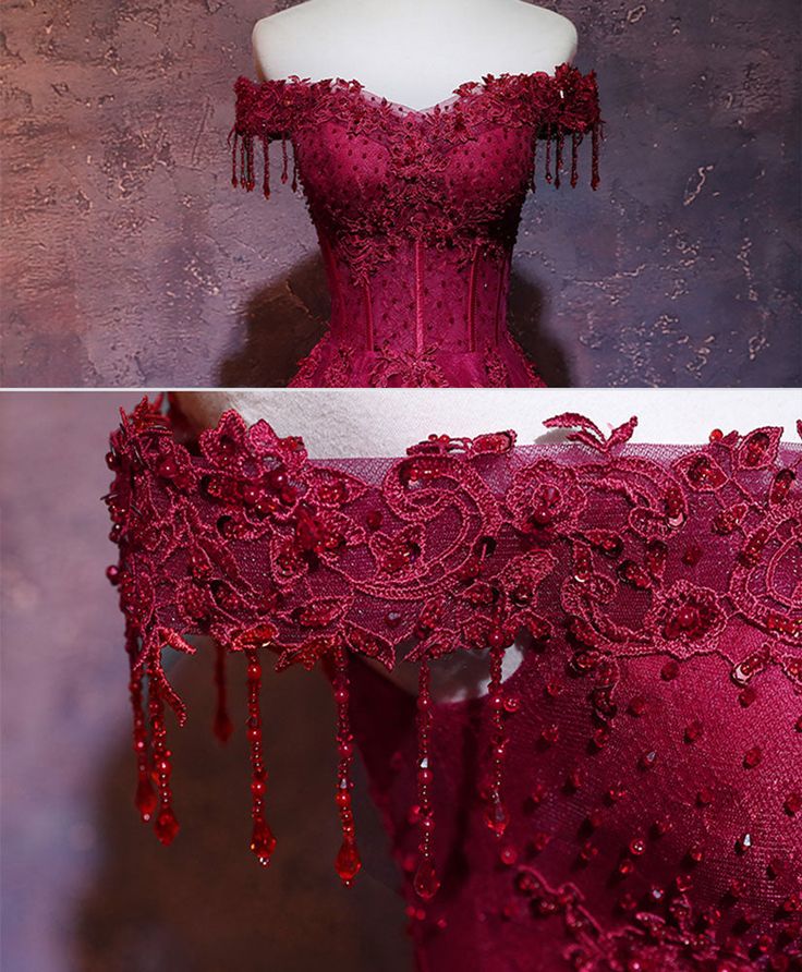 Robe de soirée vintage en tulle bordeaux à épaules dénudées et ligne A C1171