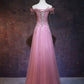 Robe de soirée vintage en tulle rose à épaules dénudées et ligne A C1172