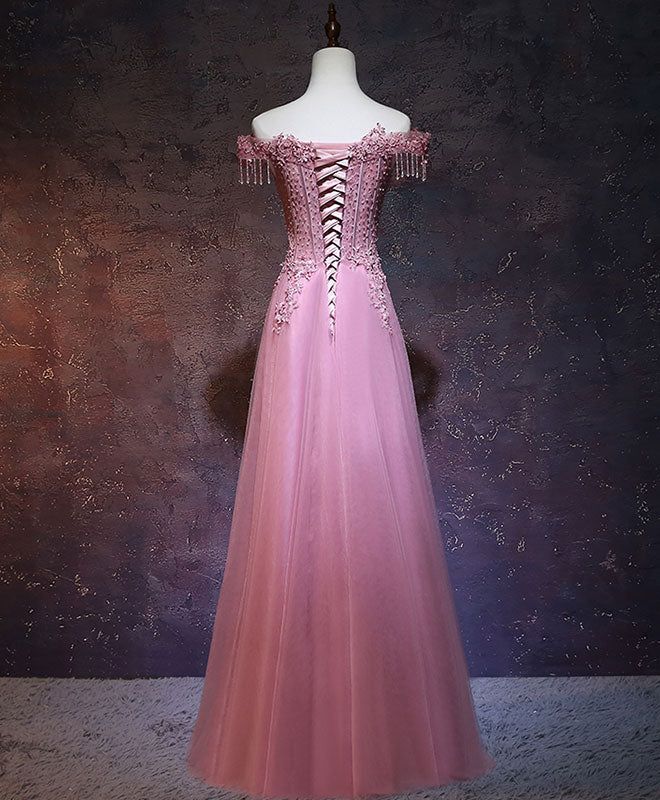 Robe de soirée vintage en tulle rose à épaules dénudées et ligne A C1172