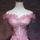 Robe de soirée vintage en tulle rose à épaules dénudées et ligne A C1172