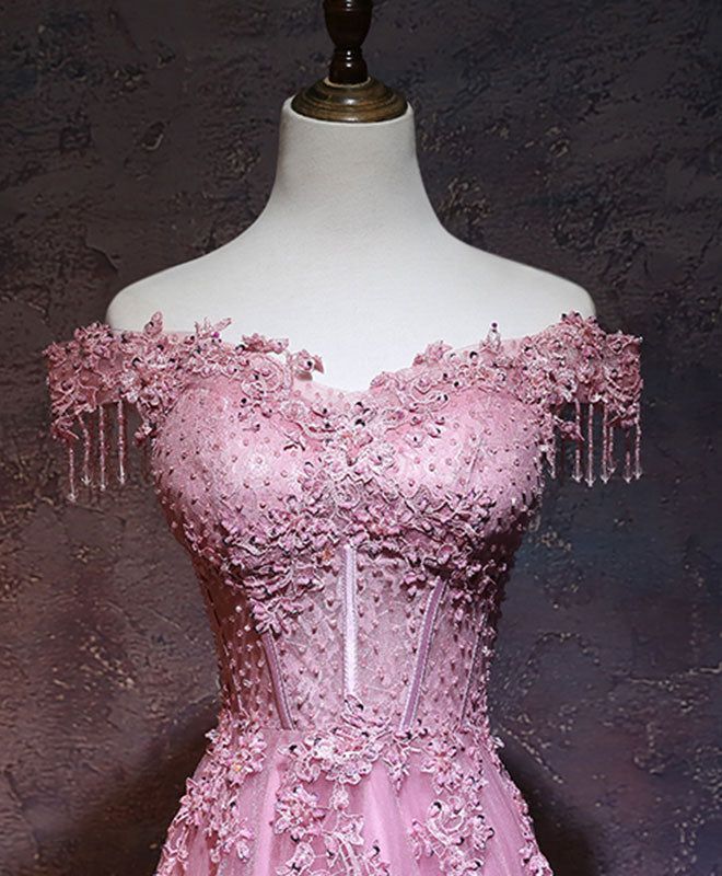 Robe de soirée vintage en tulle rose à épaules dénudées et ligne A C1172