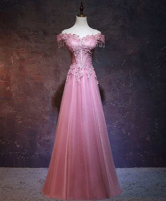 Vintage A Line Off The Shoulder Pink Tulle Evening Dress Prom Dress C1172