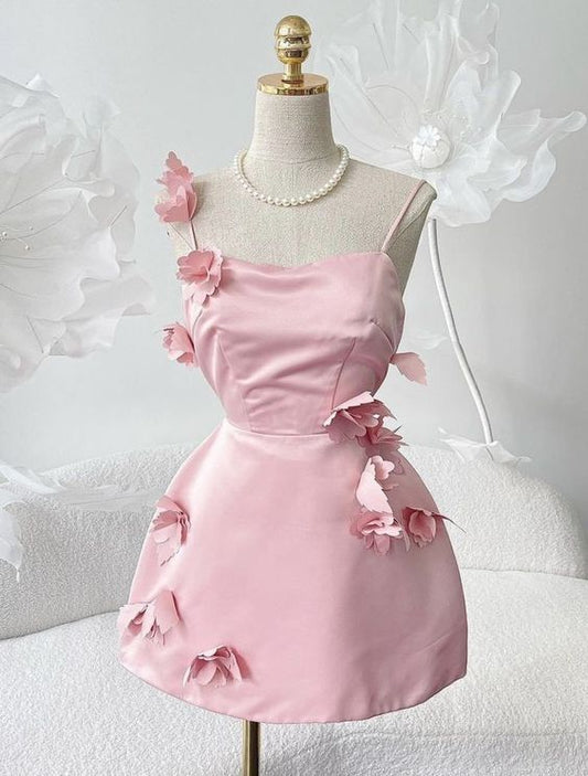 Cute A line Spaghetti Straps Satin Pink Homecoming Dress Party Dress C1174