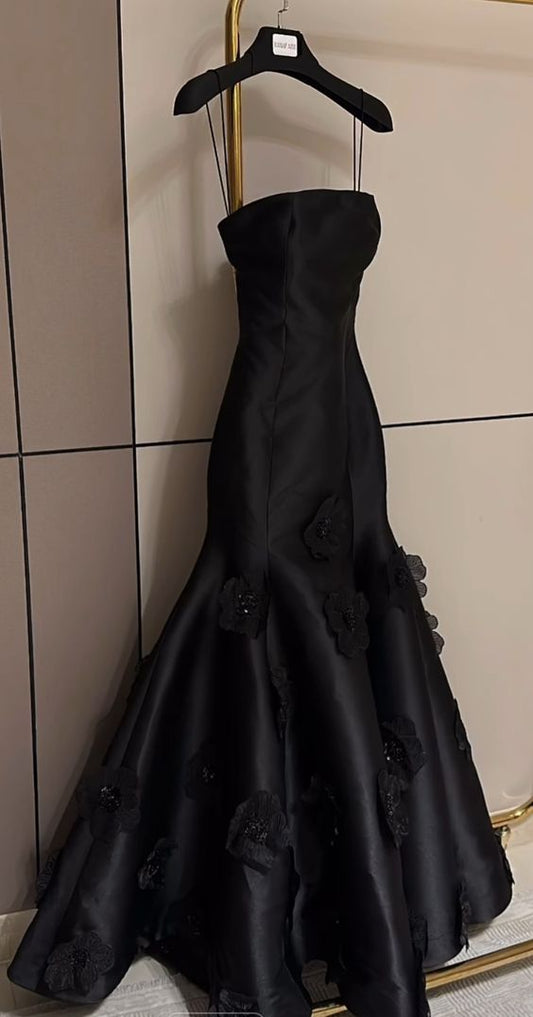 Simple Mermaid Strapless Sleeveless Black Satin Long Prom Dress C1177