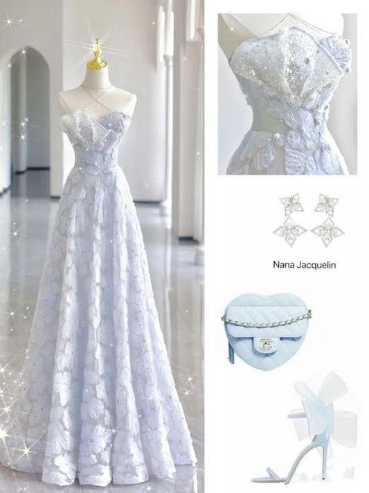 Simple A Line Halter Sleeveless Light Sky Blue Lace Long Prom Dress C1179