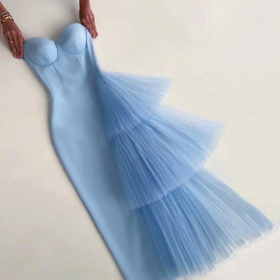 Sexy Mermaid Strapless Satin Light Sky Blue Long Prom Dress C1185