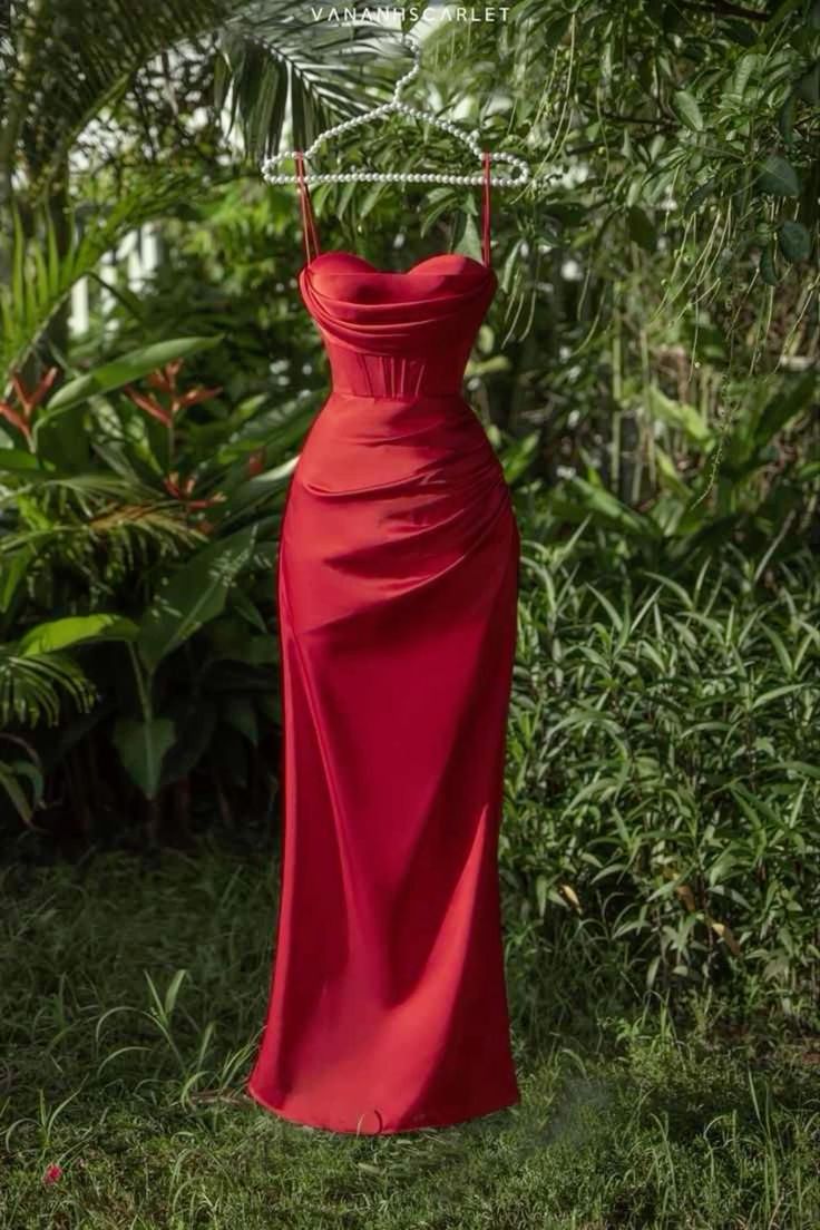 Sexy Mermaid Straps Satin Red Long Prom Dress C1189