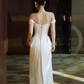 Vintage A line Off The Shoulder White Long Satin Wedding Dresses C118