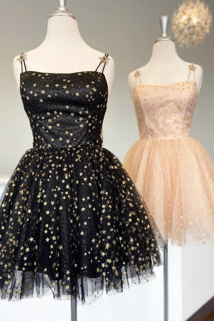 Straps Pink A-Line Tulle Homecoming Dress With Gold Stars C1197