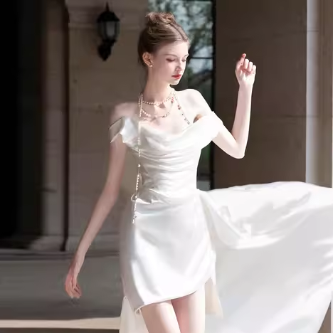 Vintage High Low Off The Shoulder White Satin Wedding Dresses C119