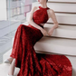 Modest Mermaid Halter Red Sequin Long Prom Dresses C11