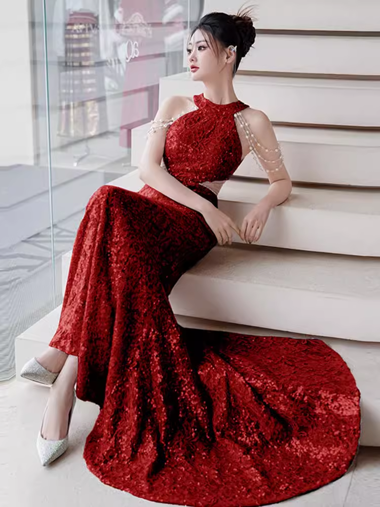 Modest Mermaid Halter Red Sequin Long Prom Dresses C11