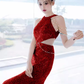 Modest Mermaid Halter Red Sequin Long Prom Dresses C11