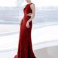 Modest Mermaid Halter Red Sequin Long Prom Dresses C11