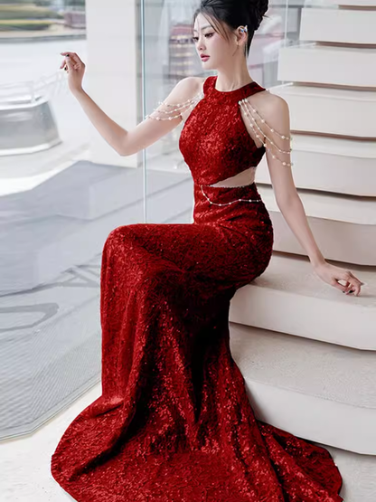 Modest Mermaid Halter Red Sequin Long Prom Dresses C11