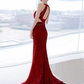 Modest Mermaid Halter Red Sequin Long Prom Dresses C11