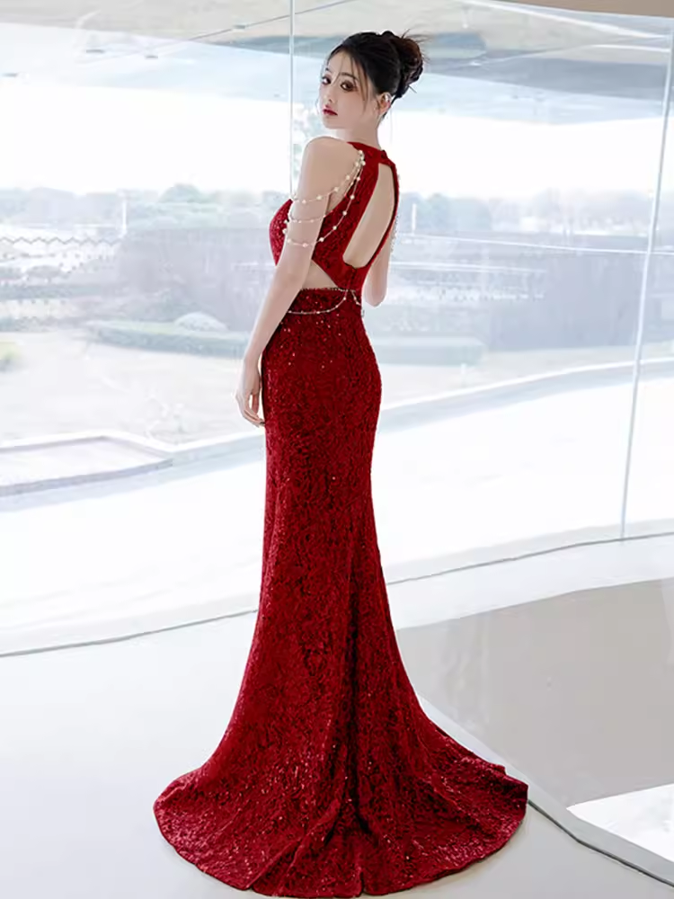 Modest Mermaid Halter Red Sequin Long Prom Dresses C11