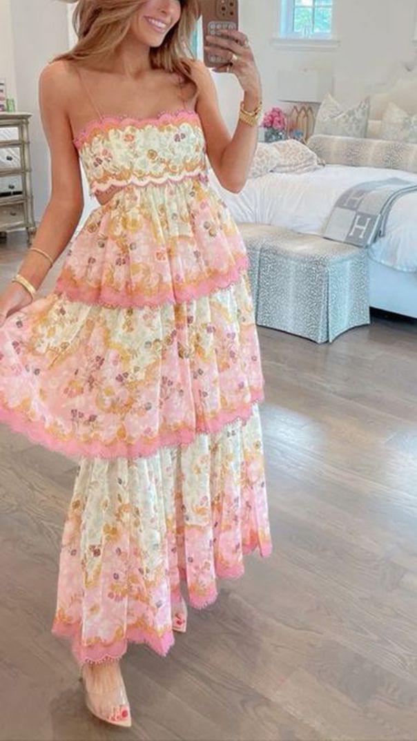 Jolie robe de bal longue ligne A, bretelles Spaghetti, motif floral, dos nu, rose, C1216