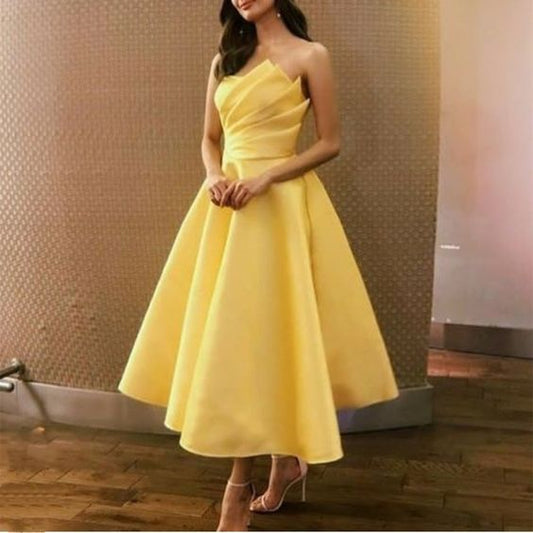 Ball Gown Strapless Satin Yellow Ankle Length Homecoming Dress Birthday Dresses C1221