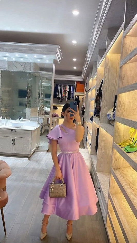 Sexy Ball Gown One Shoulder Pink Satin Sleeveless Prom Dress C1226