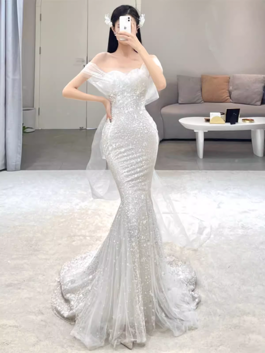 Fairytale Mermaid Off The Shoulder Long Sequin White Wedding Dresses C1231