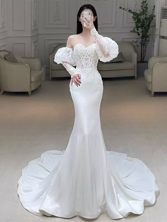 Fairytale Mermaid Strapless Lace White Long Wedding Dresses C1240