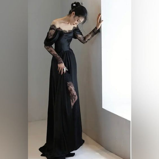 Fairytale Mermaid Long Sleeves Lace Black Off The Shoulder Wedding Dress C1241