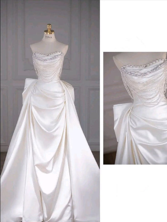 Fairytale Mermaid Strapless White Satin Long Wedding Dress C1246