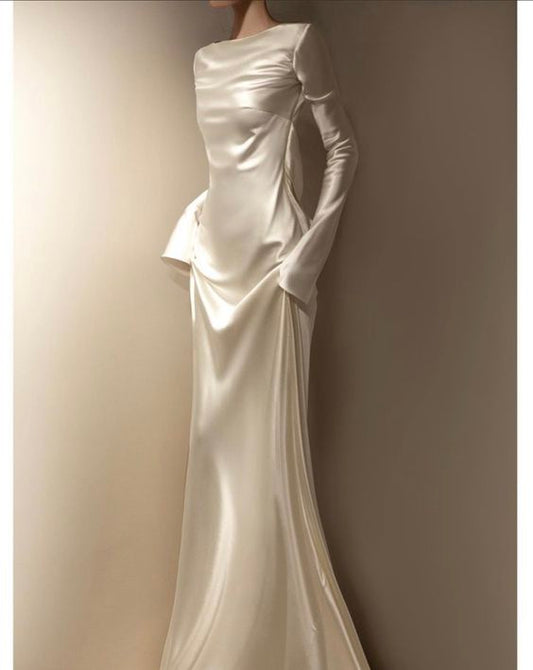 Fairytale Mermaid Scoop Neckline Long Sleeves Satin Long Wedding Dress C1248