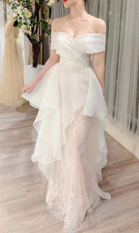 Fairytale Mermaid Off The Shoulder Lace Short Sleeves Long Wedding Dress C1249