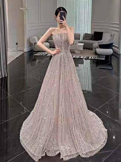 Robe de bal longue à paillettes, sexy, ligne A, sans bretelles, sans manches, C124