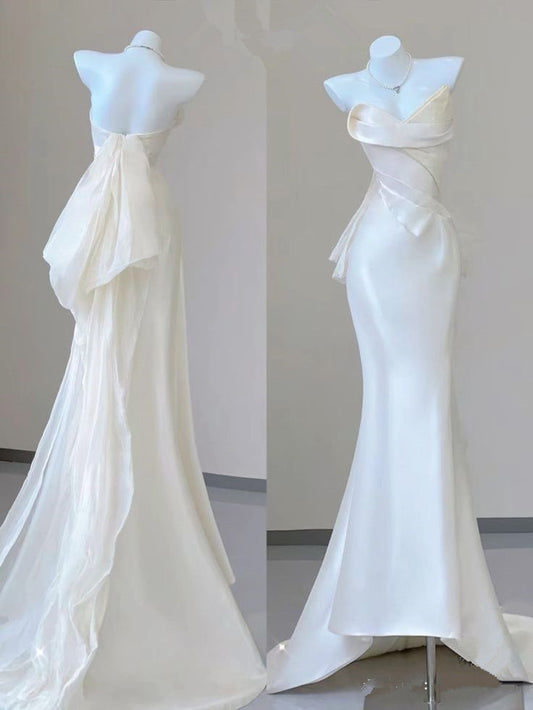 Fairytale Mermaid Sweetheart Satin White Long Wedding Dresses Brides Gown C1251