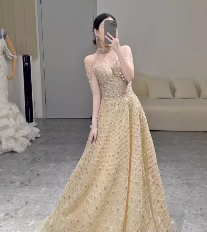 Robe de bal longue à paillettes, sexy, ligne A, encolure haute, sans manches, C125