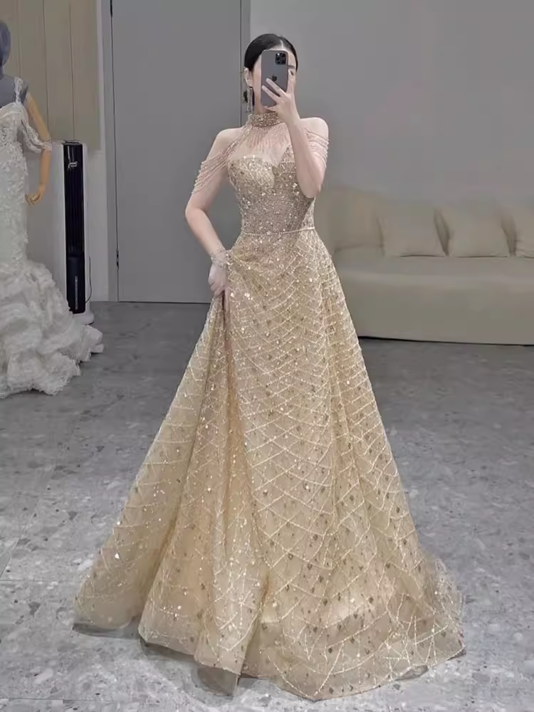 Robe de bal longue à paillettes, sexy, ligne A, encolure haute, sans manches, C125