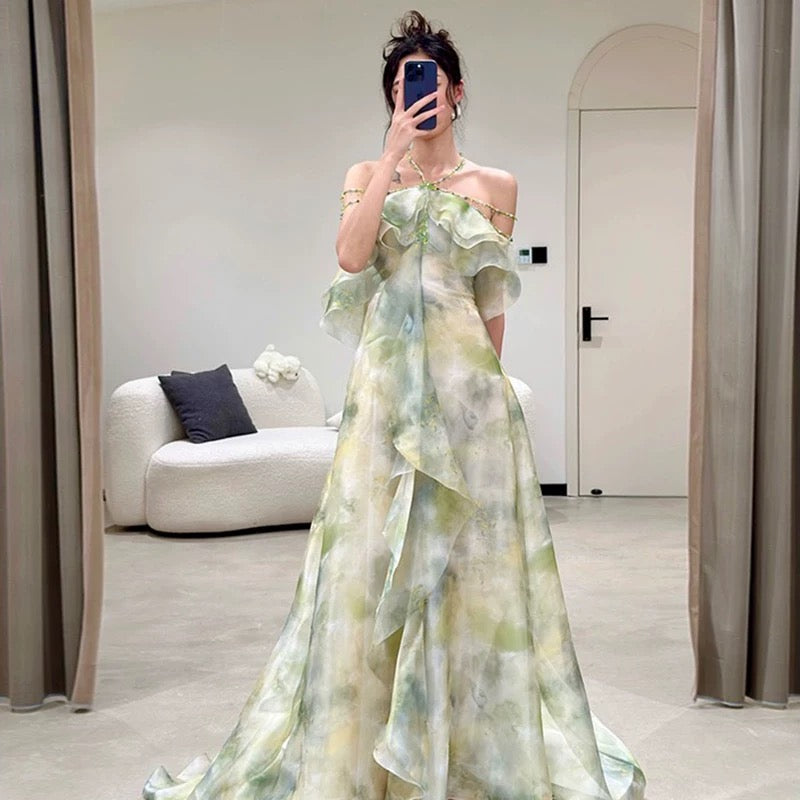 Robe de soirée élégante en mousseline de soie à col licou, coupe A, vert ombré, longue, robe de bal, CC1260