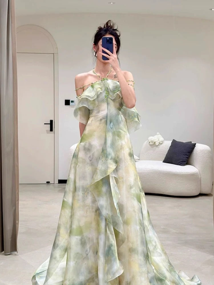 Robe de soirée élégante en mousseline de soie à col licou, coupe A, vert ombré, longue, robe de bal, CC1260