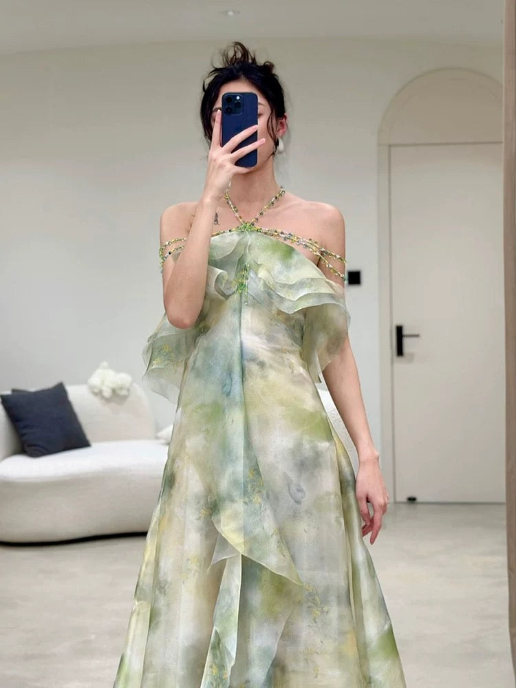 Robe de soirée élégante en mousseline de soie à col licou, coupe A, vert ombré, longue, robe de bal, CC1260