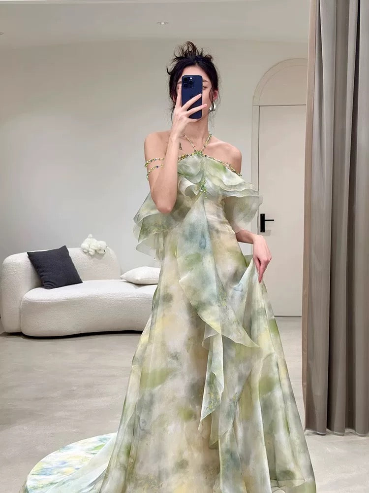 Robe de soirée élégante en mousseline de soie à col licou, coupe A, vert ombré, longue, robe de bal, CC1260