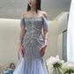 Elegant Mermaid Off The Shoulder Blue Tulle Prom Dresses C1262