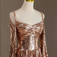 Robe de bal longue à paillettes, sexy, bretelles, décolleté, manches longues, paillettes, C126