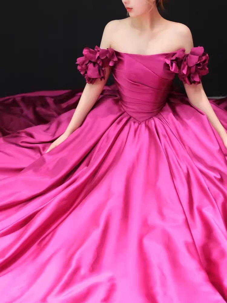 Sexy Ball Gown Off The Shoulder Cap Sleeves Satin Long Prom Dress C127