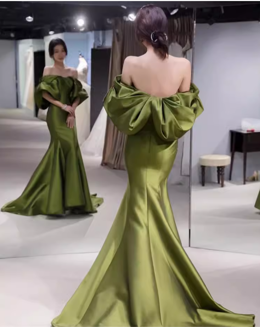 Sexy Mermaid Off The Shoulder Short Sleeves Green Long Prom Dress C128