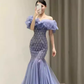 Sexy Mermaid Off The Shoulder Short Sleeves Blue Long Prom Dress C129