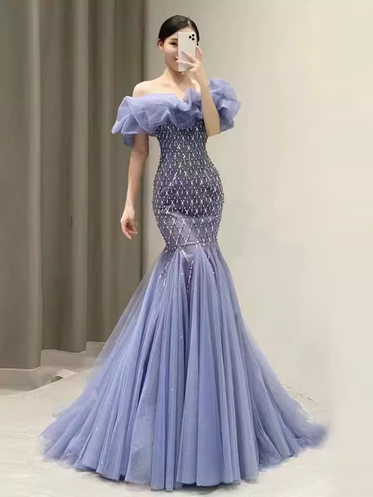 Sexy Mermaid Off The Shoulder Short Sleeves Blue Long Prom Dress C129